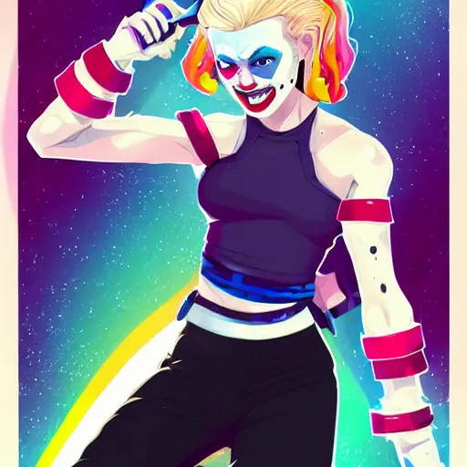 Image similar to julia garner as harley quinn as delirium of the endless, the sandman, rainbow clothes, clean cel shaded vector art. shutterstock. behance hd by lois van baarle, artgerm, helen huang, by makoto shinkai and ilya kuvshinov, rossdraws, illustration