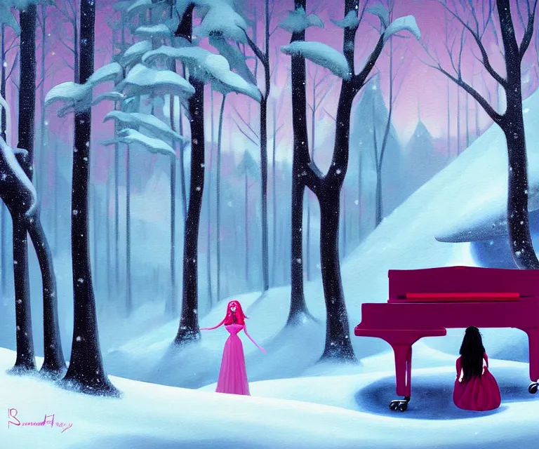 Image similar to a painting of a beautiful face gothic girl, pink hair in a stunning red dress playing a piano in the dark snowy forestby randolph stanley hewton, cg society contest winner, matte painting