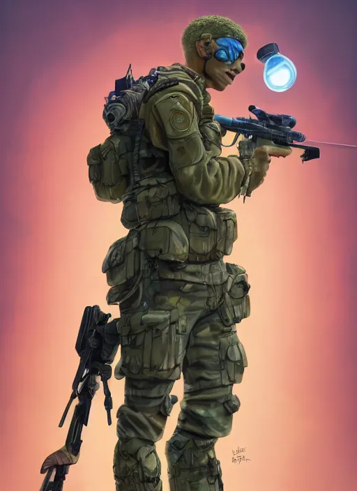 Image similar to an anthropomorphic beautiful male soldier portrait holding a science fiction sniper rifle wearing colourful robe, fine art, award winning, intricate, elegant, sharp focus, octane render, hyperrealistic, wizard hat cinematic lighting, highly detailed, digital painting, 8 k concept art, art by jamie hewlett and z. w. gu, masterpiece, trending on artstation, 8 k