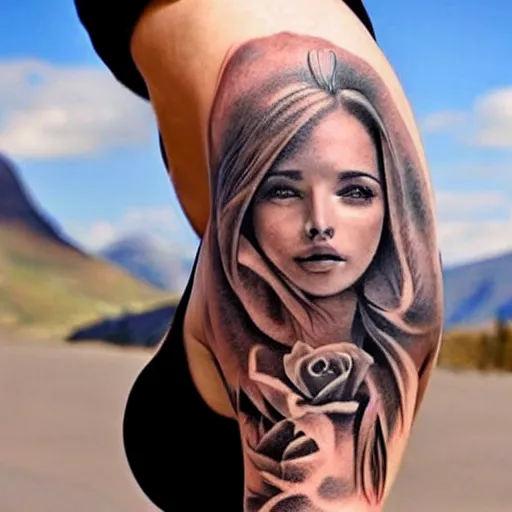 Image similar to tattoo realism design of a beautiful girl next to a mountain scenery, hyper realistic