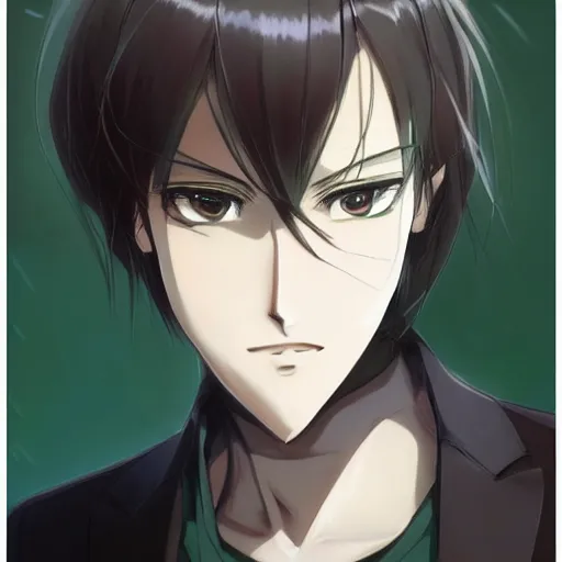 Image similar to full body portrait character concept art, anime key visual of decadent green long straight hair young anime male in black suit, green long straight hair and brown eyes, finely detailed perfect face studio lighting delicate features directed gaze, gapmoe kuudere grimdark, trending on pixiv fanbox, painted by greg rutkowski makoto shinkai takashi takeuchi studio ghibli