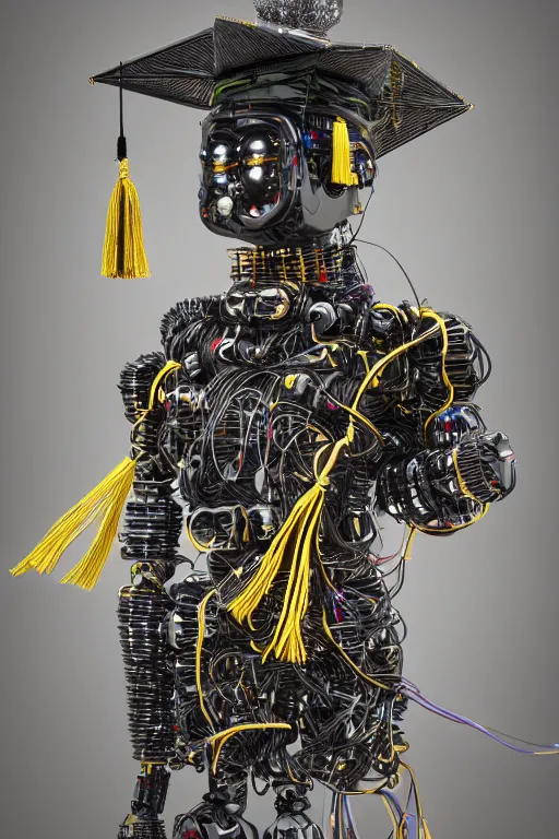Prompt: a portrait of a extremely detailed beautiful robot lots of complex wires and connections, graduating wearing a black graduation hat with only one gold tassel. realism. concept art. unreal engine 5, f / 1. 8, v - ray, ultra hd, 8 k, graduation photo
