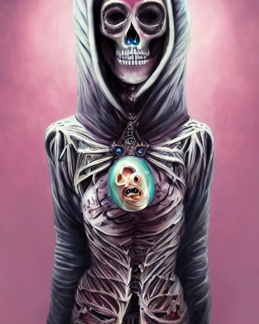 Prompt: a surrealistic head and shoulder painting of a gorgeous female skeleton with cat eyeballs and lipstick and hoodie, in the style of lise deharme, digital art, detailed masterpiece