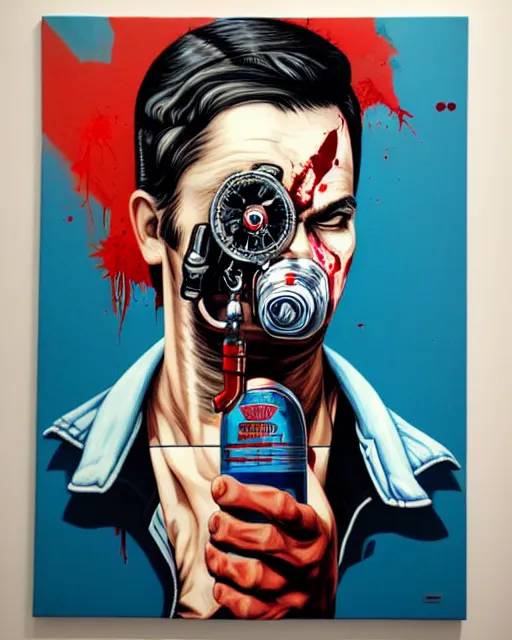 Prompt: portrait of a man wearing oxygen mask, has a gun, blood, a pistol with sea background intricate details with horror side profile by Sandra Chevrier