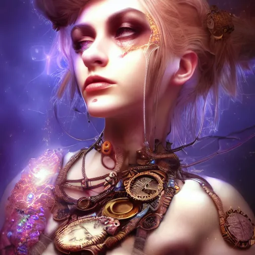 Prompt: Photorealistic steampunk goddess. Hyperdetailed photorealism, 108 megapixels, amazing depth, glowing rich colors, powerful imagery, psychedelic Overtones, 3D finalrender, 3d shading, cinematic lighting, artstation concept art