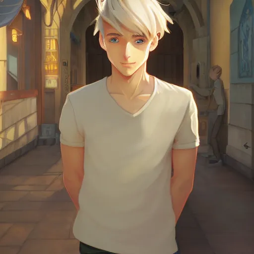 Image similar to young man with short, ash blond greyish hair, light brown eyes, casual clothes, path traced, highly detailed, high quality, digital painting, by don bluth and ross tran and studio ghibli and alphonse mucha, sylvain sarrailh