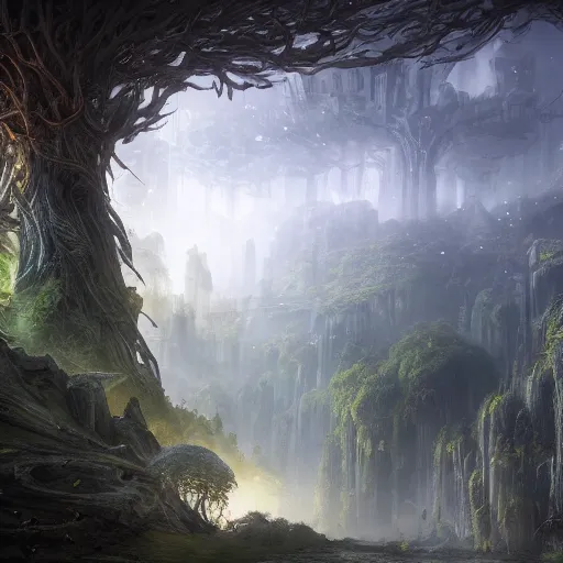 Image similar to fantasy landscape, an advanced city around the roots of a colossal tree, epic composition, intricate details, hyper detailed, 8 k, volumetric light, magical atmosphere