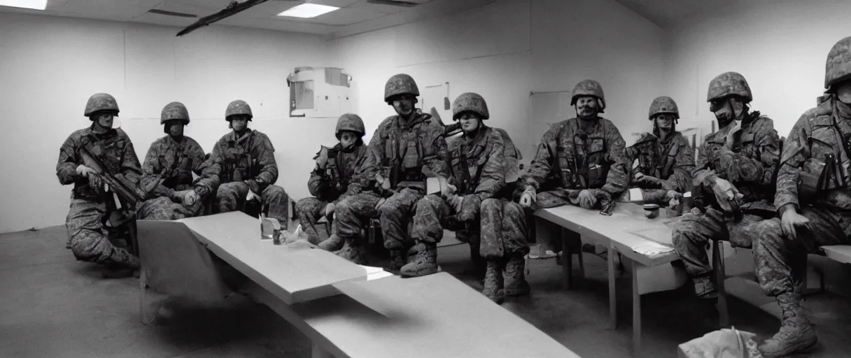 Prompt: filmic extreme wide shot movie still 4 k uhd interior 3 5 mm film color photograph of a group of soldiers relaxing in a break room in a secret military lab having a conversation