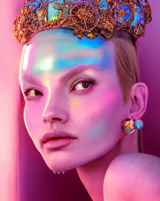 Image similar to natural light, soft focus portrait of an android with soft synthetic pink skin, blue bioluminescent plastics, smooth shiny metal, elaborate ornate head piece, piercings, skin textures, by annie liebovotz, paul lehr