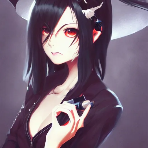 Image similar to An anime portrait of a dark haired goth smoking a djarum, by Stanley Artgerm Lau, WLOP, Rossdraws, James Jean, Andrei Riabovitchev, Marc Simonetti, and Sakimichan, tranding on artstation