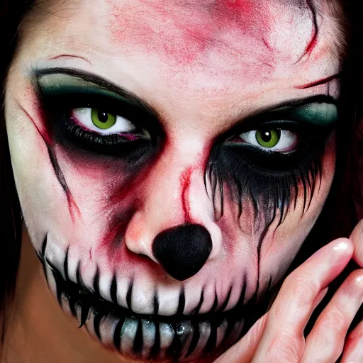 Image similar to closeup scary and gory halloween makeup, ( eos 5 ds r, iso 1 0 0, f / 8, 1 / 1 2 5, 8 4 mm, postprocessed, 4 k, postprocessed, crisp face, facial features )