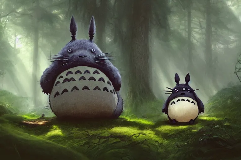 Image similar to photorealistic Totoro sitting in a forest, fantasy, illustrated by Greg Rutkowski and Caspar David Friedrich, high detail, god rays, Trending on artstation, artstationHD, artstationHQ