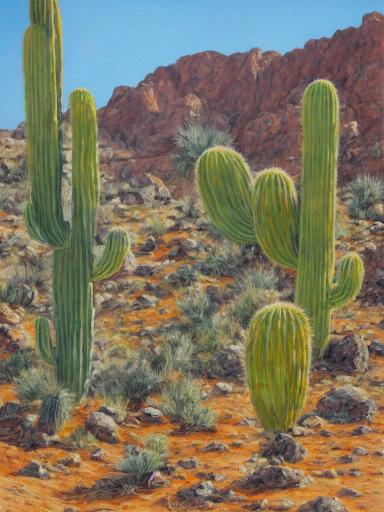 Prompt: beautiful oil painting a large cactus plant and rocks on the desert by Mark Maggiori