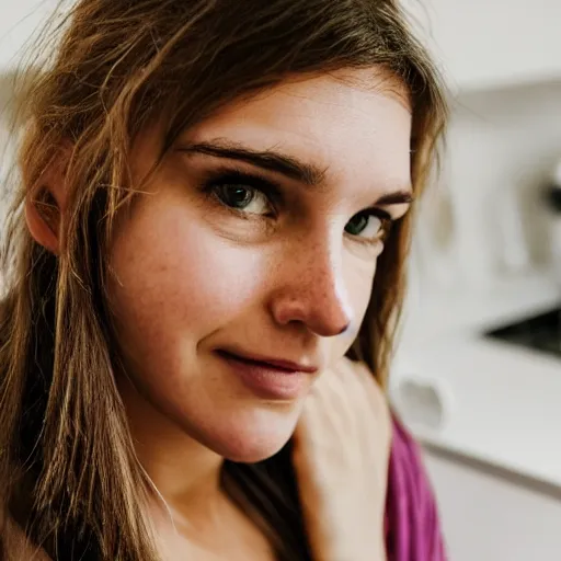 Image similar to a candid portrait of a brunette female, young, athletic, australian, pixellated face, wearing a gold tshirt in a kitchen, closeup