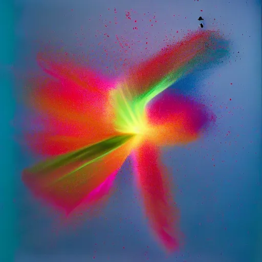 Image similar to a human exploding with color, studio medium format photograph