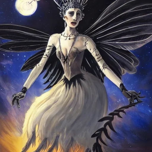 Image similar to Anna pavlova as beautiful dark angel gothic atompunk evil Disney villain queen with black feather hair, feathers growing out of skin, in front of space station window, highly detailed, dreamy, oil painting, Mike mignola, trending on artstation, comic book cover, illustration