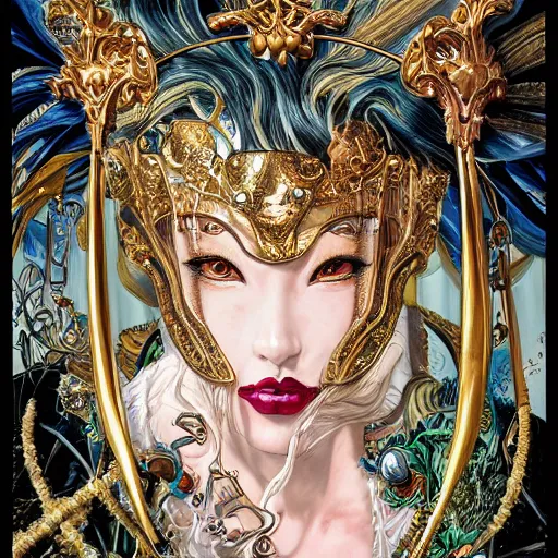 Prompt: portrait of crazy girl wearing venetian mask, symmetrical, by yoichi hatakenaka, masamune shirow, josan gonzales and dan mumford, ayami kojima, takato yamamoto, barclay shaw, karol bak, yukito kishiro