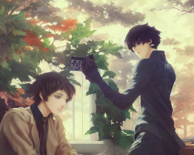 Prompt: boy's love anime high school scene setting, high detail, perfect proportions, romantic undertones, realistic shaded lighting poster ilya kuvshinov katsuhiro, raden saleh, basuki abdullah, jeremy lipkin and michael garmash, rob rey and kentaro miura style, trending on art station - h 6 4 0