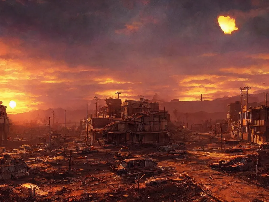 Image similar to a post apocalyptic small town after a nuclear war, beautiful radioactive sunset lighting, beautiful painting, fallout video game, painted by albert bierstadt