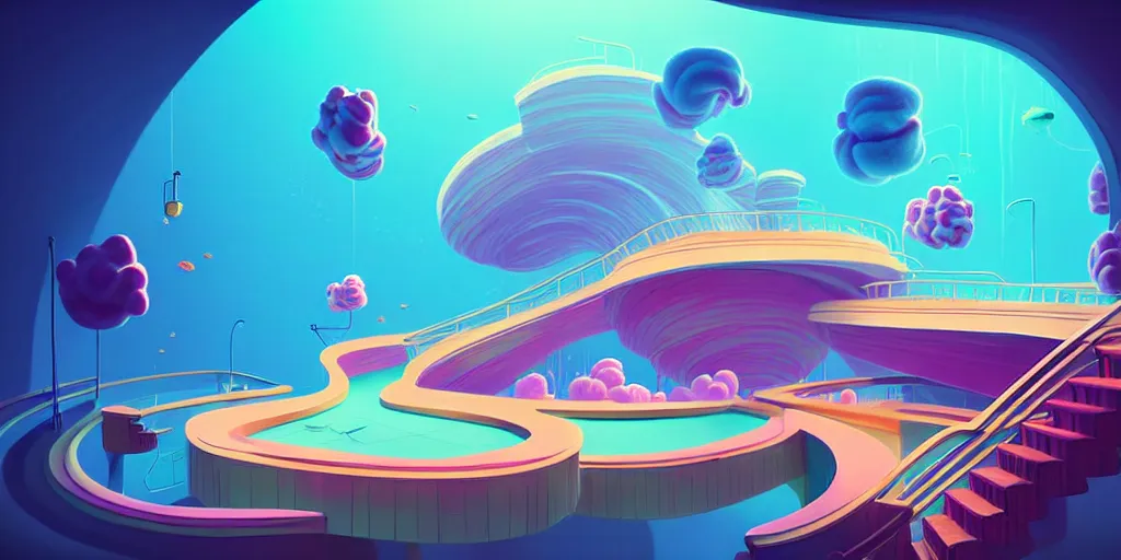 Image similar to minimalistic extreme wide angle curved perspective digital art of sss chubby cotton candy indoor casino, one staircase, with curly plants by anton fadeev, lorax movie, underwater smoke