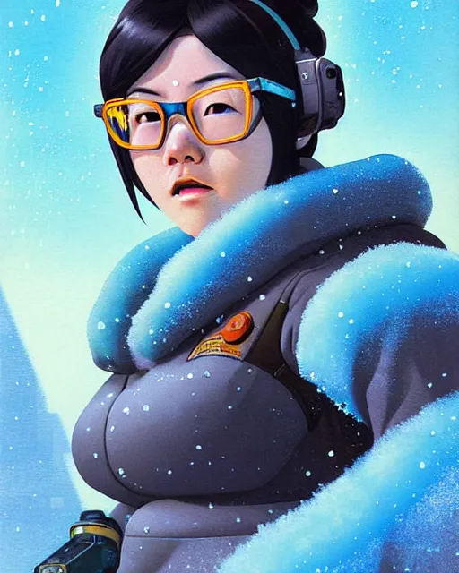 Image similar to mei from overwatch, character portrait, ice, cold, snow, portrait, close up, concept art, intricate details, highly detailed, vintage sci - fi poster, retro future, in the style of chris foss, rodger dean, moebius, michael whelan, and gustave dore