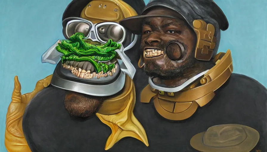 Image similar to beautiful lifelike painting of mf doom armed to the teeth with herring, hyperreal detailed facial features and uv lighting, art by ed roth and basil wolverton