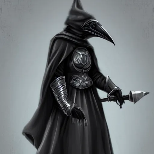 Image similar to female plague doctor donning a black hood, steel knightly armor and a white crow mask, trending on artstation