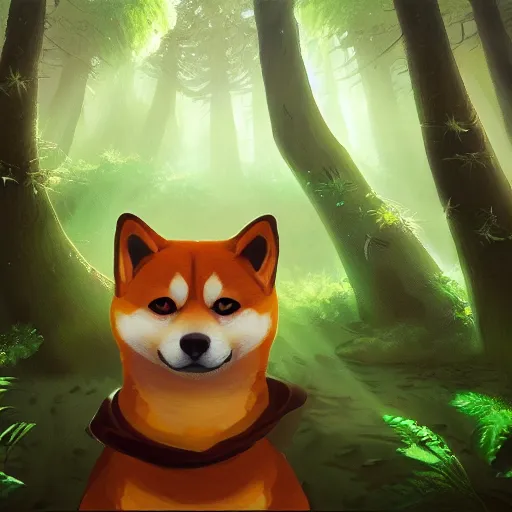 Image similar to anthropomorphic shiba inu mage travels through a forest, cinematic lighting, Fantasy Art