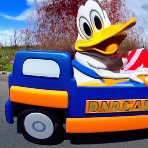 Prompt: Donald duck stealing a car, dash cam footage, wide angle lens