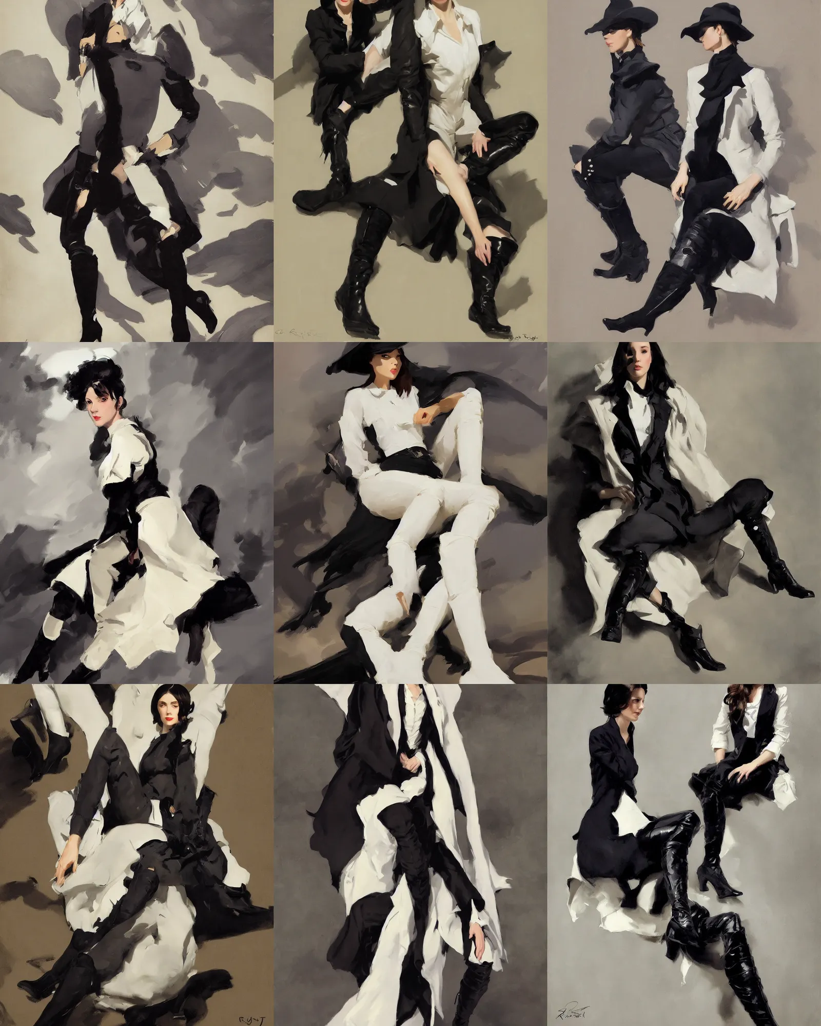 Image similar to black white cloth fabric jodhpurs knee high boots travel coat fashion, portrait in sitting pose, greg manchess painting by sargent and leyendecker, studio ghibli, fantasy, asymmetrical, intricate, elegant, matte painting, illustration, hearthstone, by greg rutkowski, by greg tocchini, by james gilleard, by joe fenton