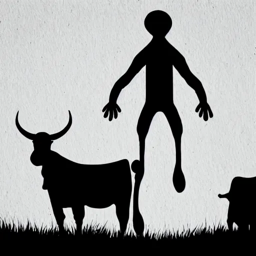 Image similar to alien abducting a cow black and white illustration