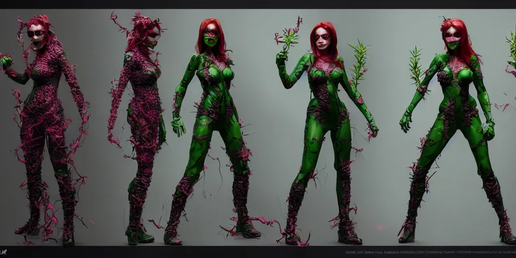 Image similar to cyberpunk poison ivy, character sheet, concept design, contrast, hot toys, kim jung gi, greg rutkowski, zabrocki, karlkka, jayison devadas, trending on artstation, 8 k, ultra wide angle, pincushion lens effect