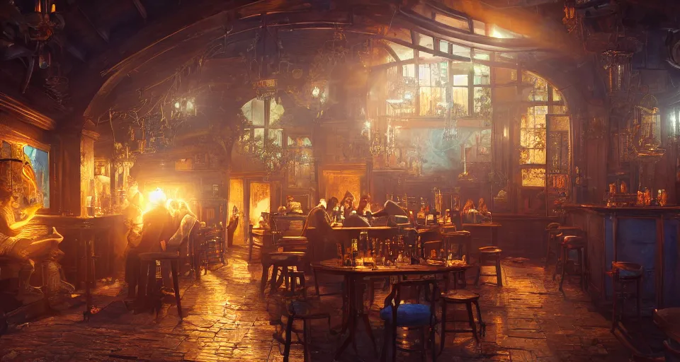 Image similar to alchemy tavern, hyperdetailed, artstation, cgsociety, golden hour 8 k, volumetric lighting, blue light