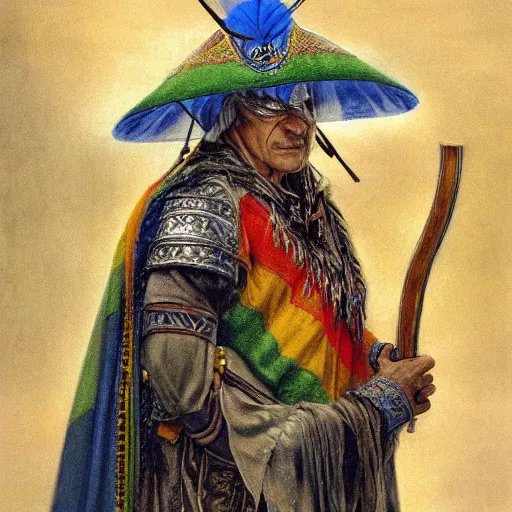 Prompt: a shaman in a rainbow hooded poncho, a venetian mask and holding a gold cane. by alan lee