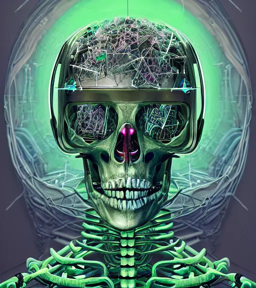 Image similar to portrait of a cyber skeleton with green runes by dariusz zawadzki, kenneth blom, mental alchemy, james jean, pablo amaringo, naudline pierre, contemporary art, hyper detailed