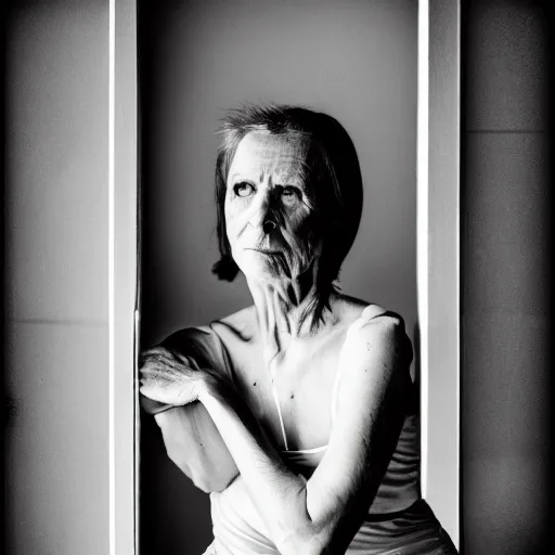 Image similar to black and white fashion photograph highly detailed portrait of a depressed beautiful mature model woman standing by the window, natural light, lomo, fashion photography, film grain, soft vignette, sigma 85mm f/1.4 1/10 sec shutter