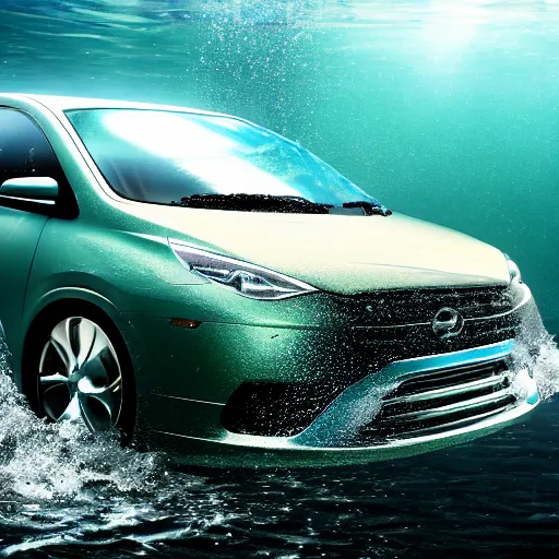 Image similar to hyperrealistic photo of a car underwater, 4 k, 8 k, thin film, full shot