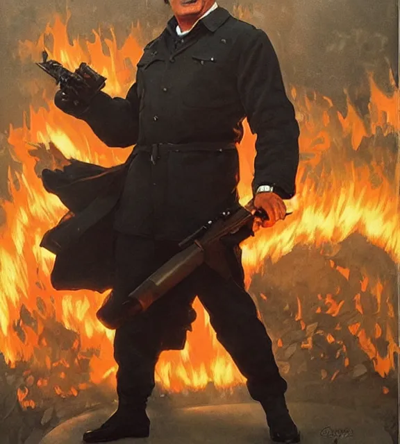 Image similar to sylvester stallone as stalin on fire,, cinematic, by greg rutowski, by greg rutkowski, by stanley artgerm, by alphonse mucha