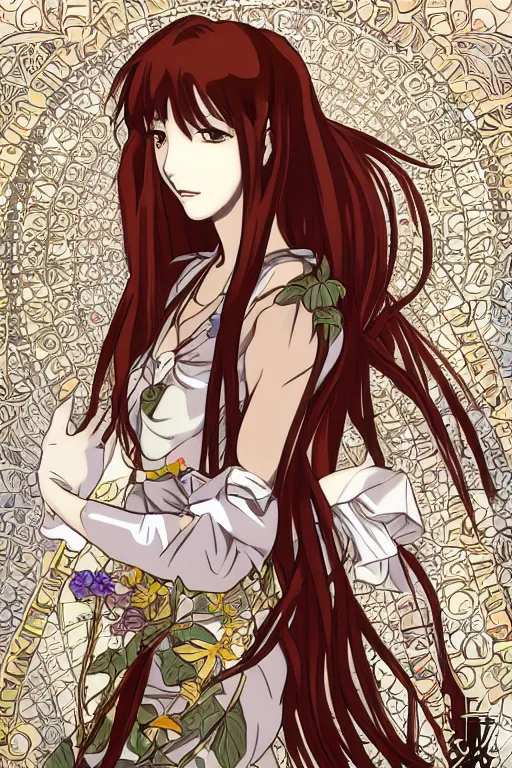 Image similar to Tonemapping Kurisu Makise in the style of Ayami Kojima and Alphonse Mucha