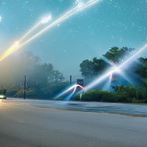 Image similar to action shot of dinosaurs playing sports while meteors streak across the sky leaving trails of fire, light fog, street lights, god rays, beautiful