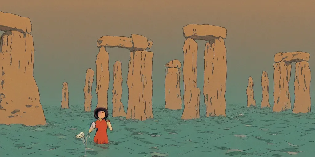 Image similar to a realistic cell - shaded studio ghibli concept art from paprika ( 2 0 0 6 ) of an aquatic ape from close encounters of the third kind ( 1 9 7 7 ) in a flooded monument valley stonehenge. very dull colors, wide shot, hd, 4 k, hq