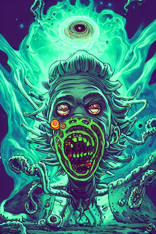 Prompt: rick and morty fused with a lovecraft fat space zombie wearing a exploding wig and a pirate patch, laser eye, photo, portrait, 3d, high details, intricate details, by vincent di fate, artgerm julie bell beeple, 90s, Smooth gradients, octane render, 8k, volumetric lightning, High contrast, duo tone, depth of field, very coherent symmetrical artwork