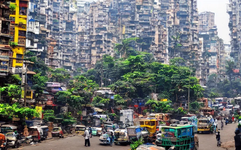 Image similar to streets of mumbai, future, mossy buildings