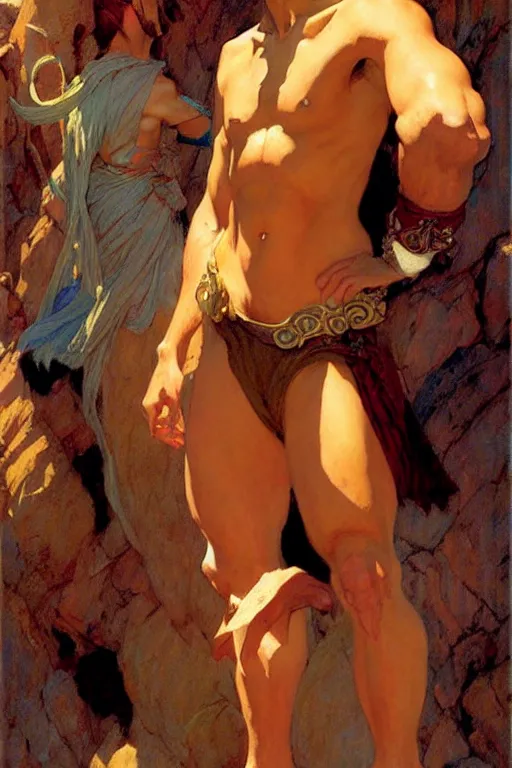 Image similar to tales of earthsea, attractive muscular male character design, painting by gaston bussiere, craig mullins, j. c. leyendecker, tom of finland