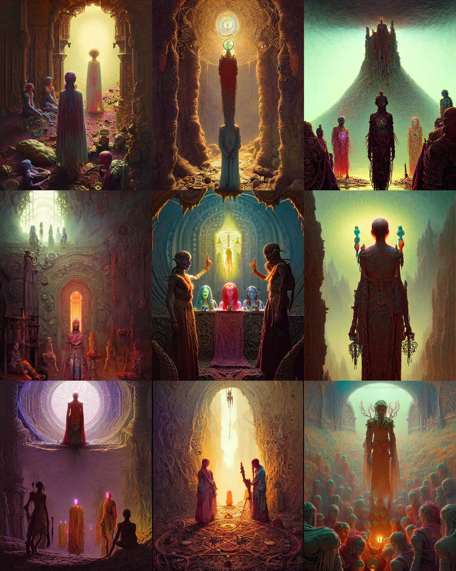 Prompt: surreal study of ender folk, mysterious, a meeting of cultures, intricate details, bright side lighting, colorful and pastel, highly detailed by greg rutkowski, michael whelan and gustave dore