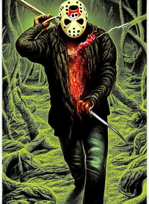 Image similar to hyper detailed 3d render like a Oil painting - Jason Voorhees (Friday the 13th part IV) seen Eating of the Strangling network of yellowcake aerochrome and milky Fruit and his rotten Hands hold a gleaming, bloody, machete that he swings through the gossamer polyp blossoms bring iridescent fungal flowers whose spores black the foolish stars by Jacek Yerka, Mariusz Lewandowski, Houdini algorithmic generative render, Abstract brush strokes, Masterpiece, Edward Hopper and James Gilleard, Zdzislaw Beksinski, Mark Ryden, Wolfgang Lettl, hints of Yayoi Kasuma, octane render, 8k