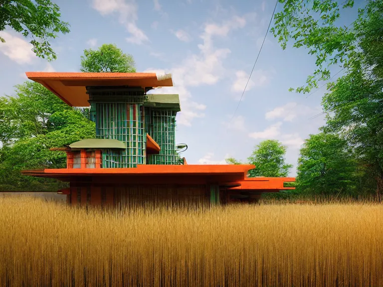 Prompt: hyperrealism vibrant design by frank lloyd wright and kenzo tange and hayao miyazaki photography from 5 point of perspective of beautiful detailed small solarpunk house with many details, situated in small detailed ukrainian village wheat field behind the house, around the forest volumetric natural light