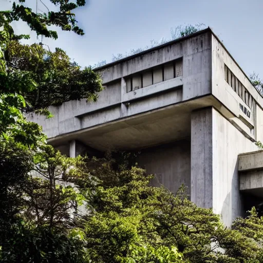 Image similar to exterior shot of a brutalist concrete house in the middle of a busy asian market