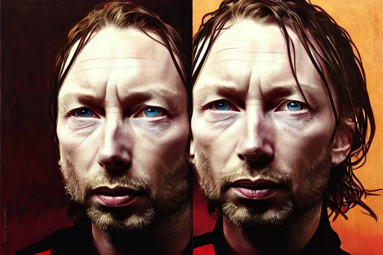 Image similar to hyper realistic portrait of wider faced thom yorke, bigger nose, bigger forehead, bigger chin, on a stage, by lee bermejo, alphonse mucha and greg rutkowski