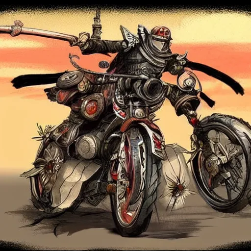 Image similar to cool samurai riding motorcycle through the gates of hell, video game concept art